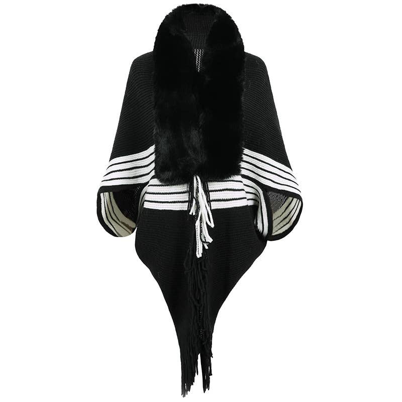 FRINGE CAPE SHAWL KNIT STRIPED FUR COLLAR SCARF