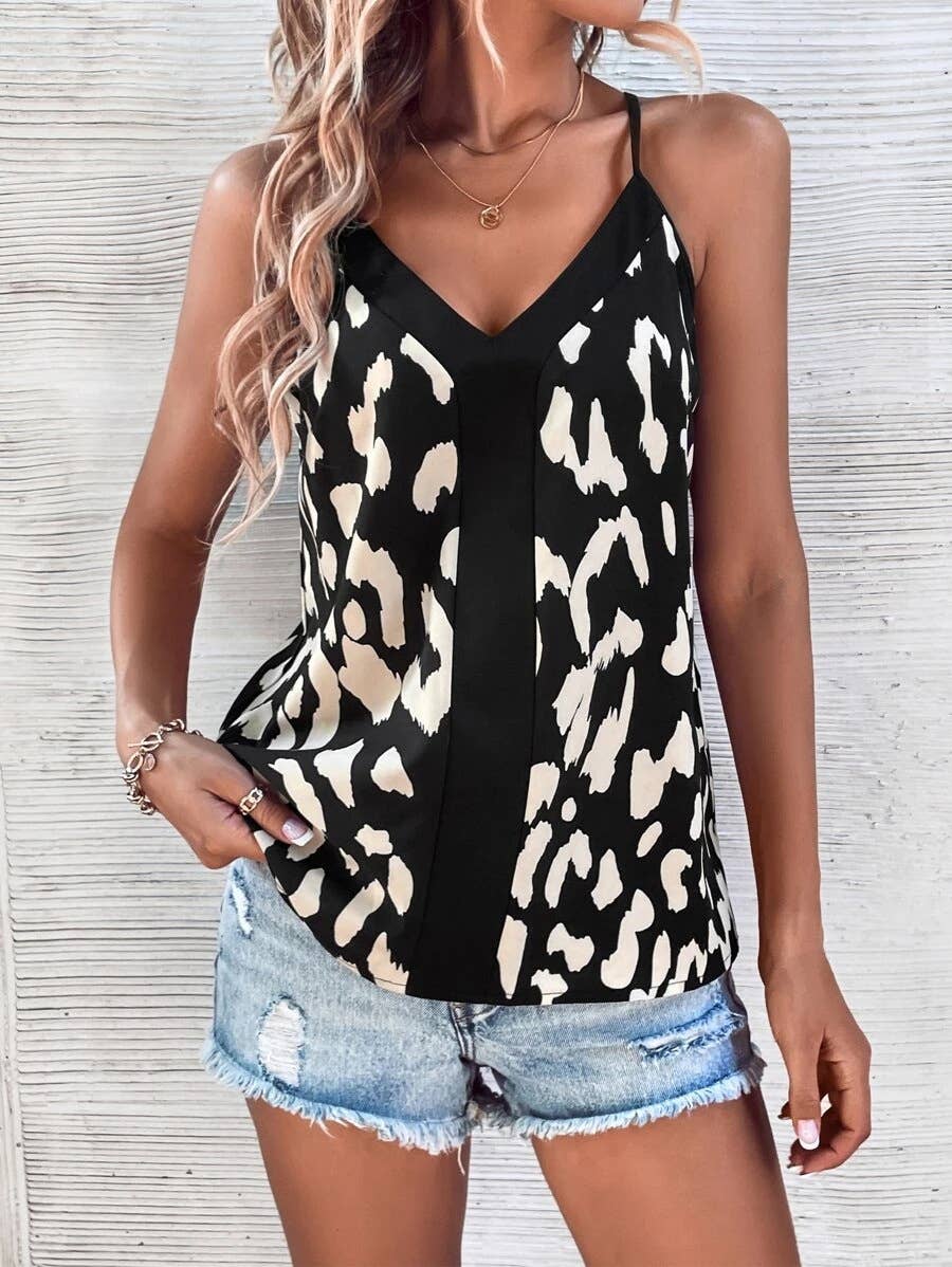 V-NECK LEOPARD PRINT SPLICING SUSPENDERS