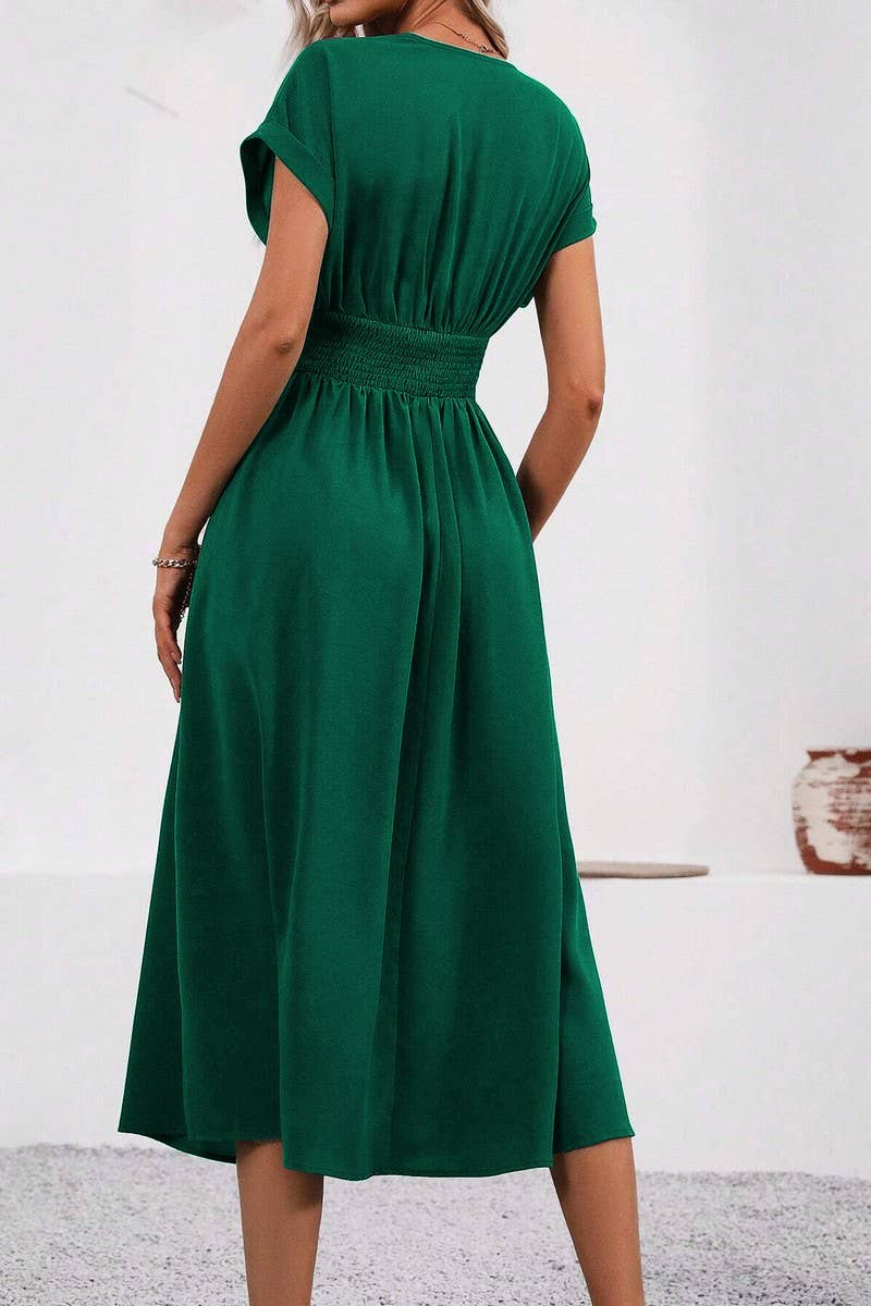 CWDMD4648_SOLID COLOR V-NECK BAT SLEEVE LONG DRESS