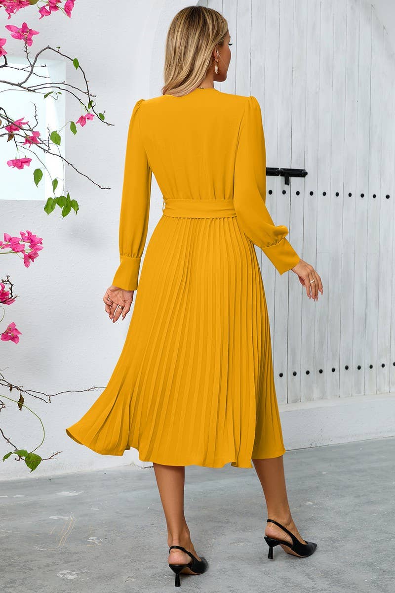 CWDMD3997_V-NECK PLEATED BELTED A-LINE MAXI DRESS