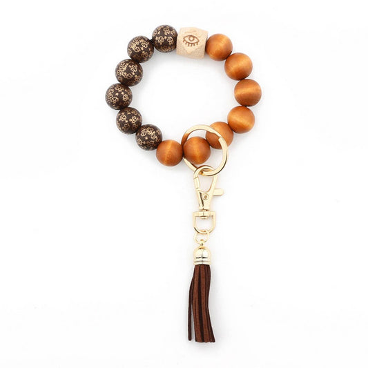 Printed Wood Bead Bracelet with PU Tassel Keychain_CWMM7015