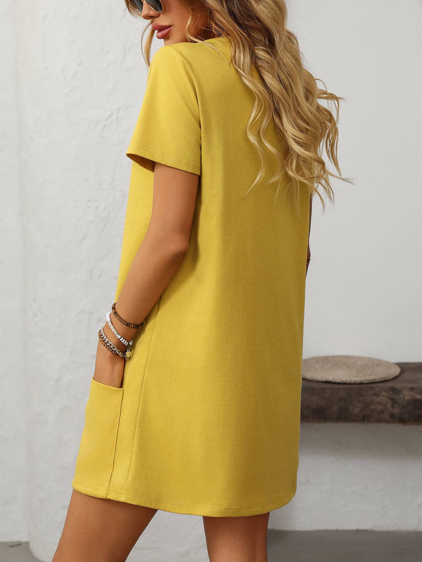 Square-neck short-sleeved casual pockets dress