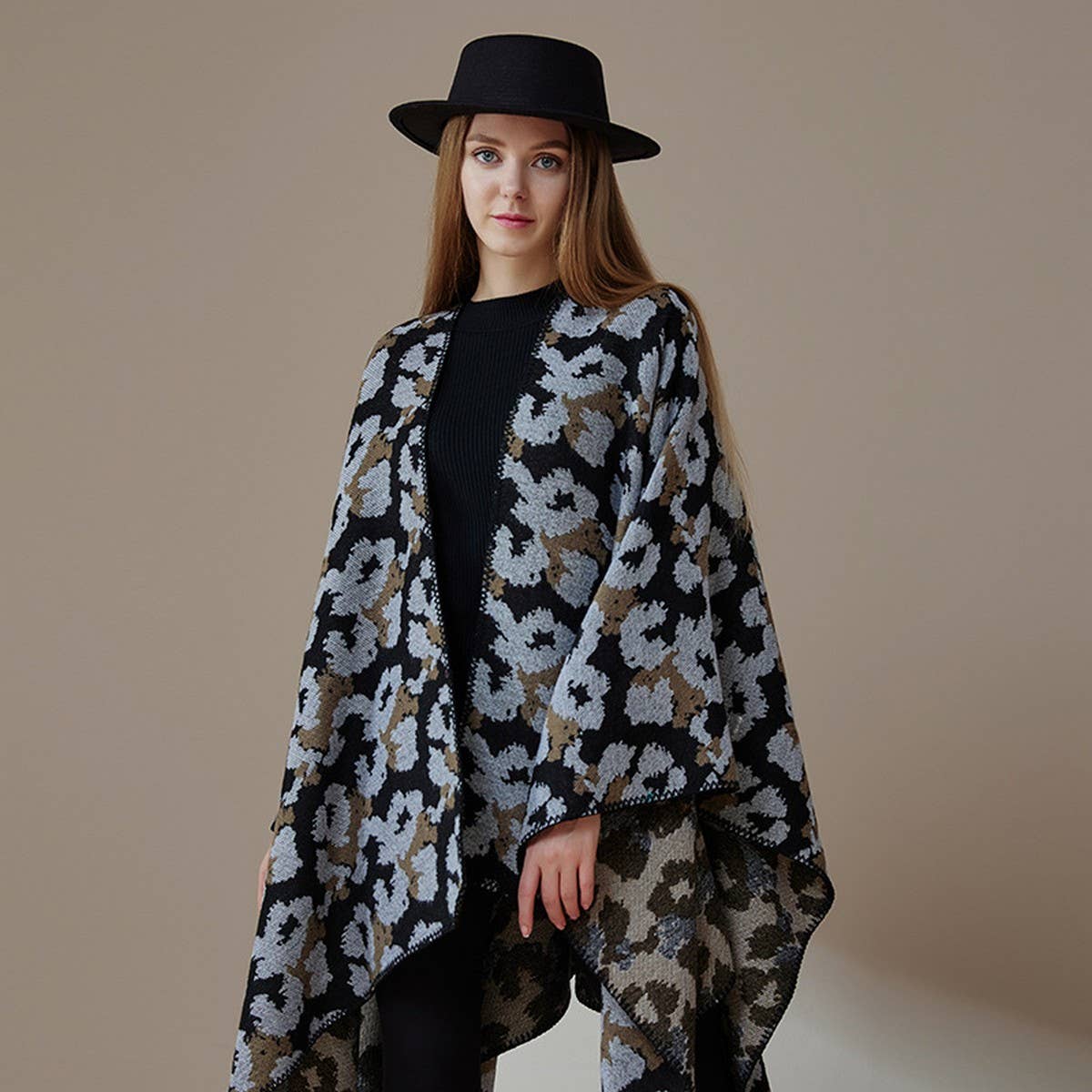 SHAWL KNITTED CAPE LEOPARD PRINT THICK WARM SCARF