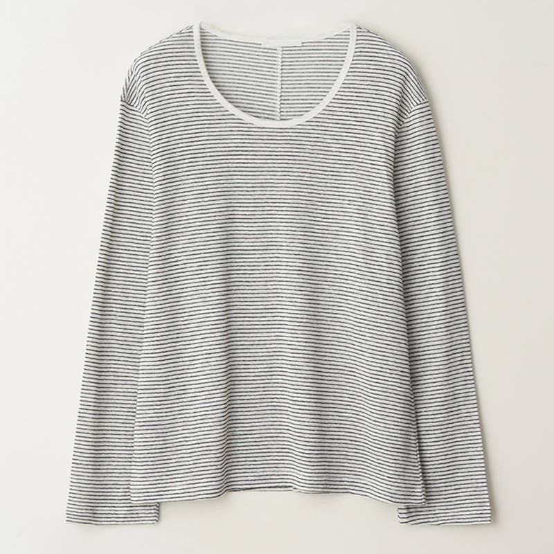 LONG SLEEVE LOOSE COTTON LINEN STRIPED T-SHIRT