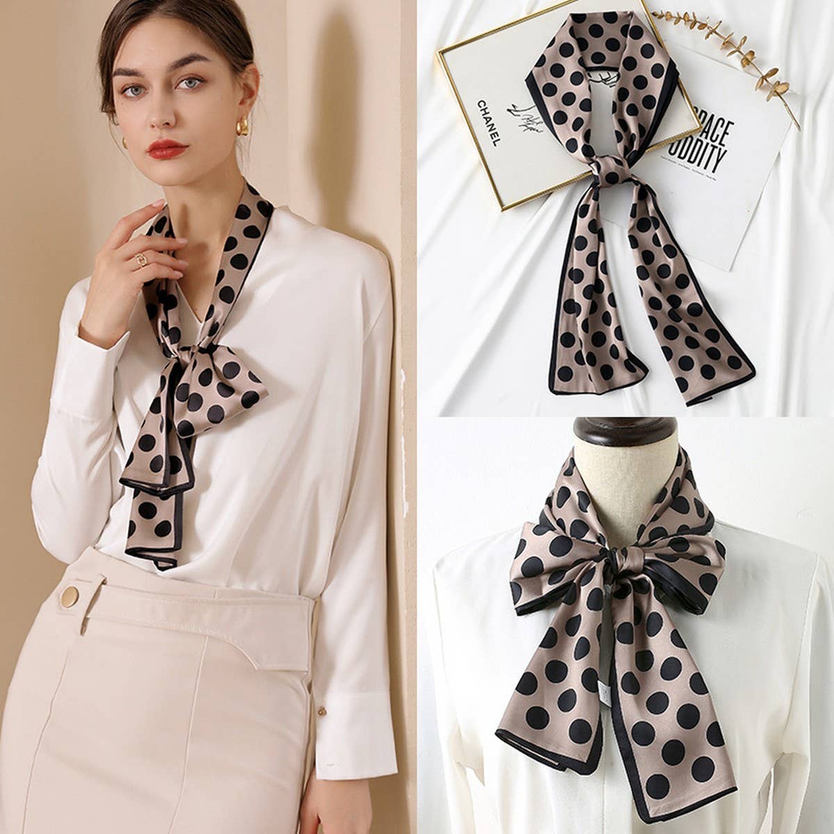 DOT PRINT SQUARE NECK SATIN SCARFS HEAD SCARF