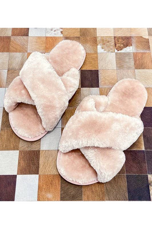 CROSS STRAP FLUFFY CASUAL SLIPPERS