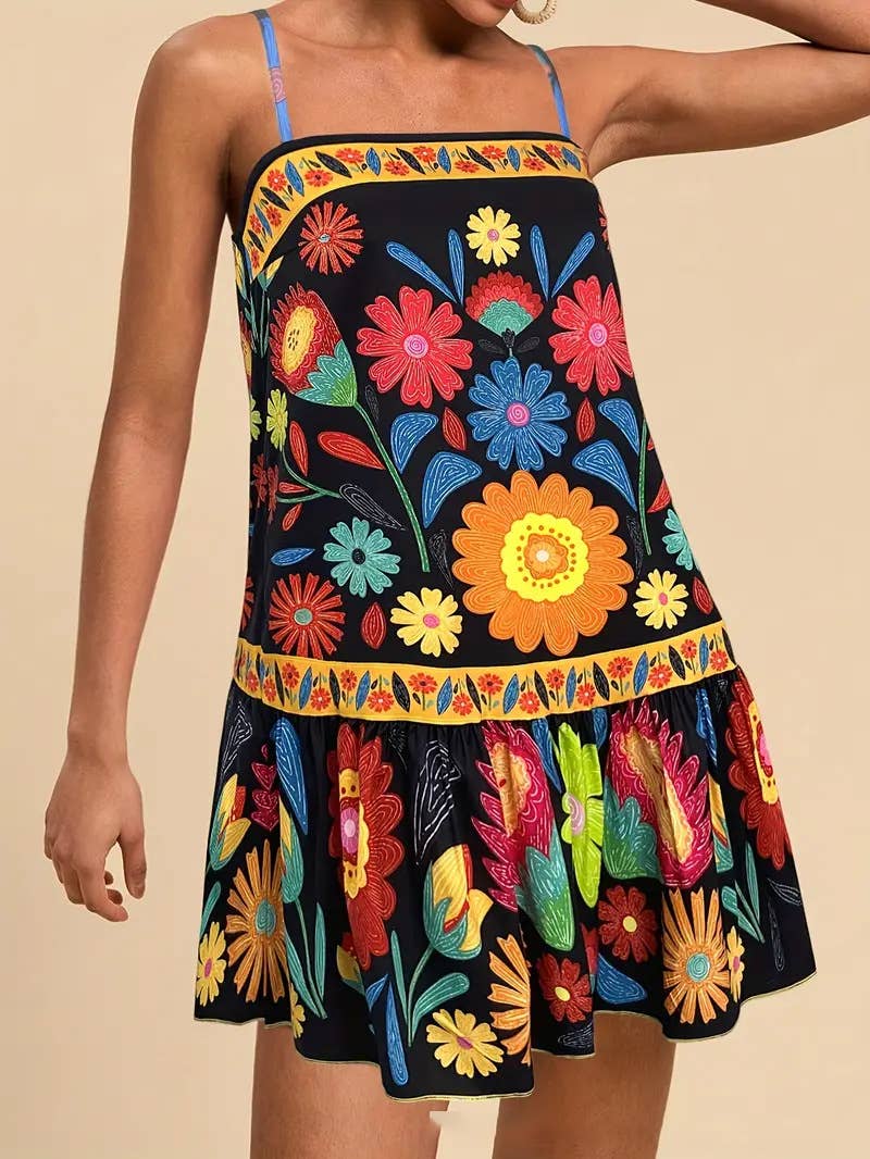Fashion digital printed sunflower halter dress