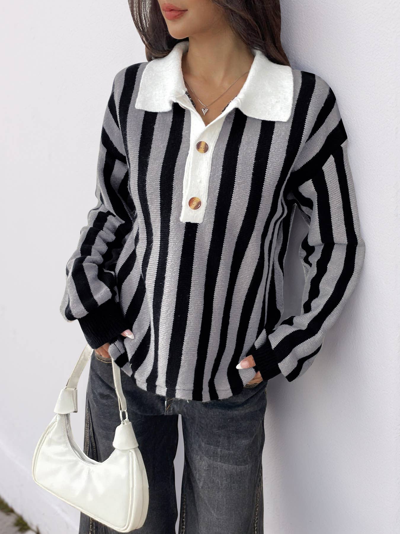 Vertical striped lapel pullover knitted sweater