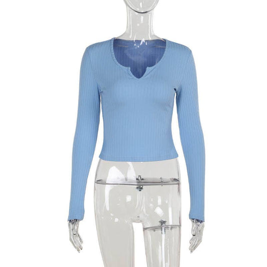 Simple casual with small v pit strip long sleeve top