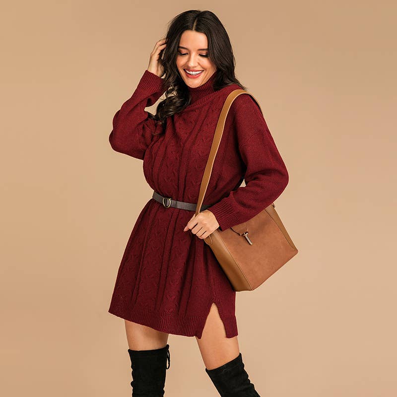 MID-LENGTH CASUAL KNIT SKIRT WITH LOOSE HIGH NECK