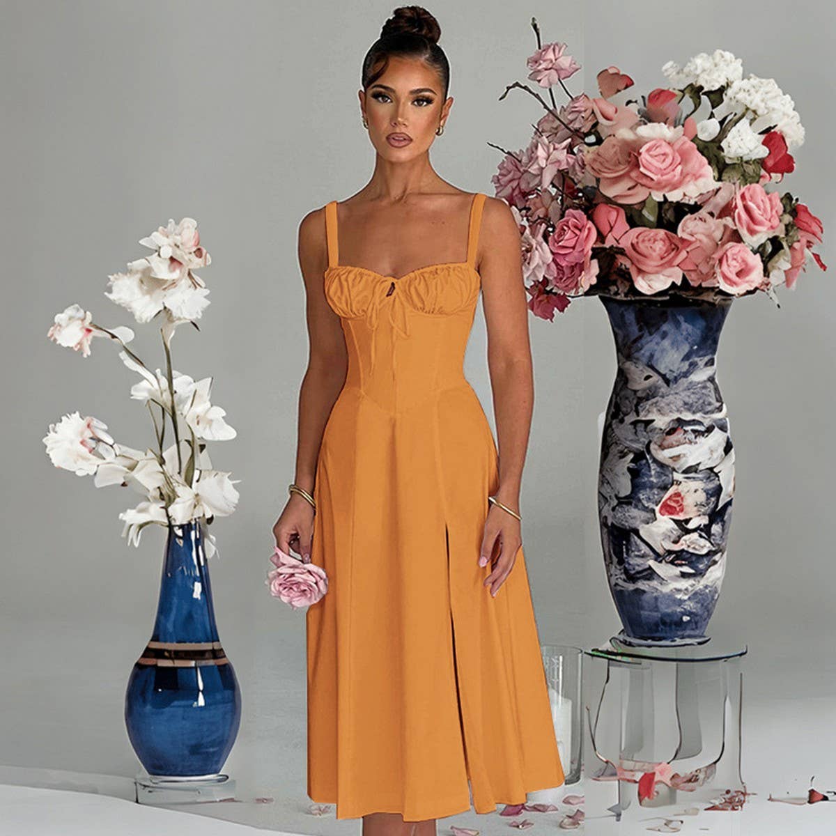 Fashion casual lace-up slim split halter dress