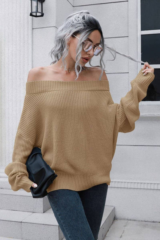 Cwoswl3882_Off-Shoulder Long-Sleeved Knitted Sweater