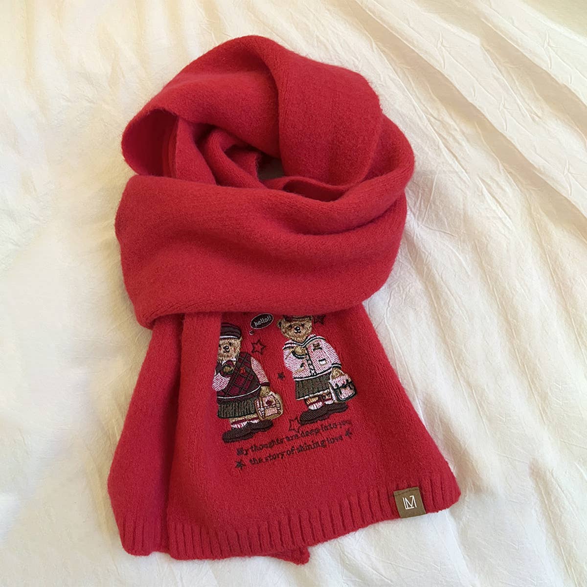 Bear embroidered knitted scarf for warmth and cozy_CWASC1497