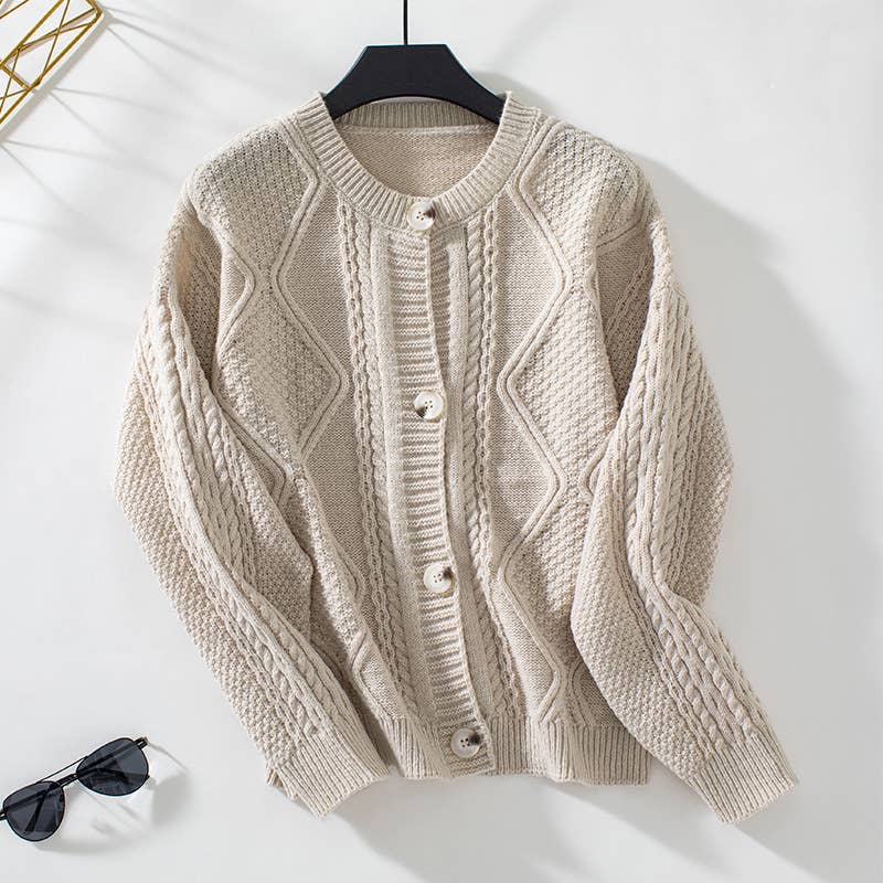 KNIT VINTAGE CREW-NECK LONG SLEEVE SWEATER JACKET