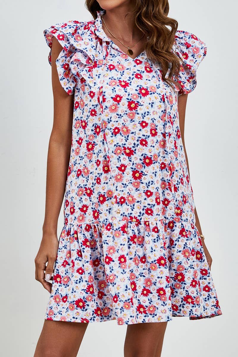 CWDSD7425_RUFFLED SLEEVELESS V-NECK PRINTED LAYERED DRESS