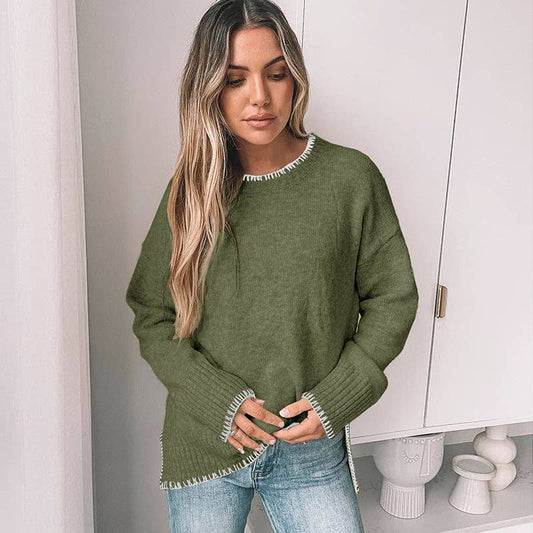 Solid color sweater with pullover trim crew neck