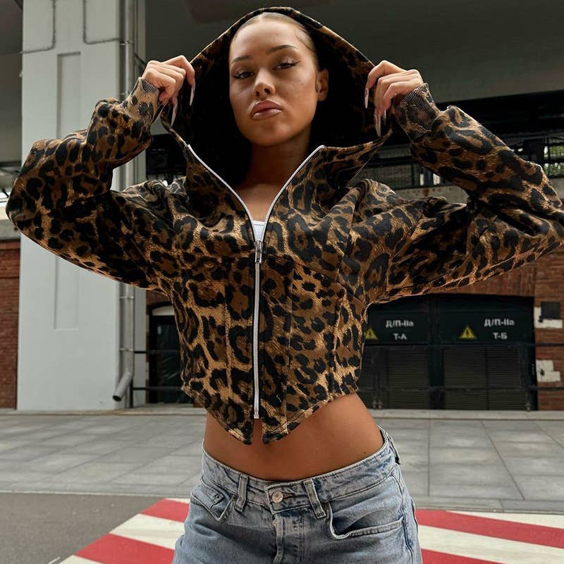 LEOPARD PRINT ZIPPER HOODIE PATCHWORK CARDIGAN