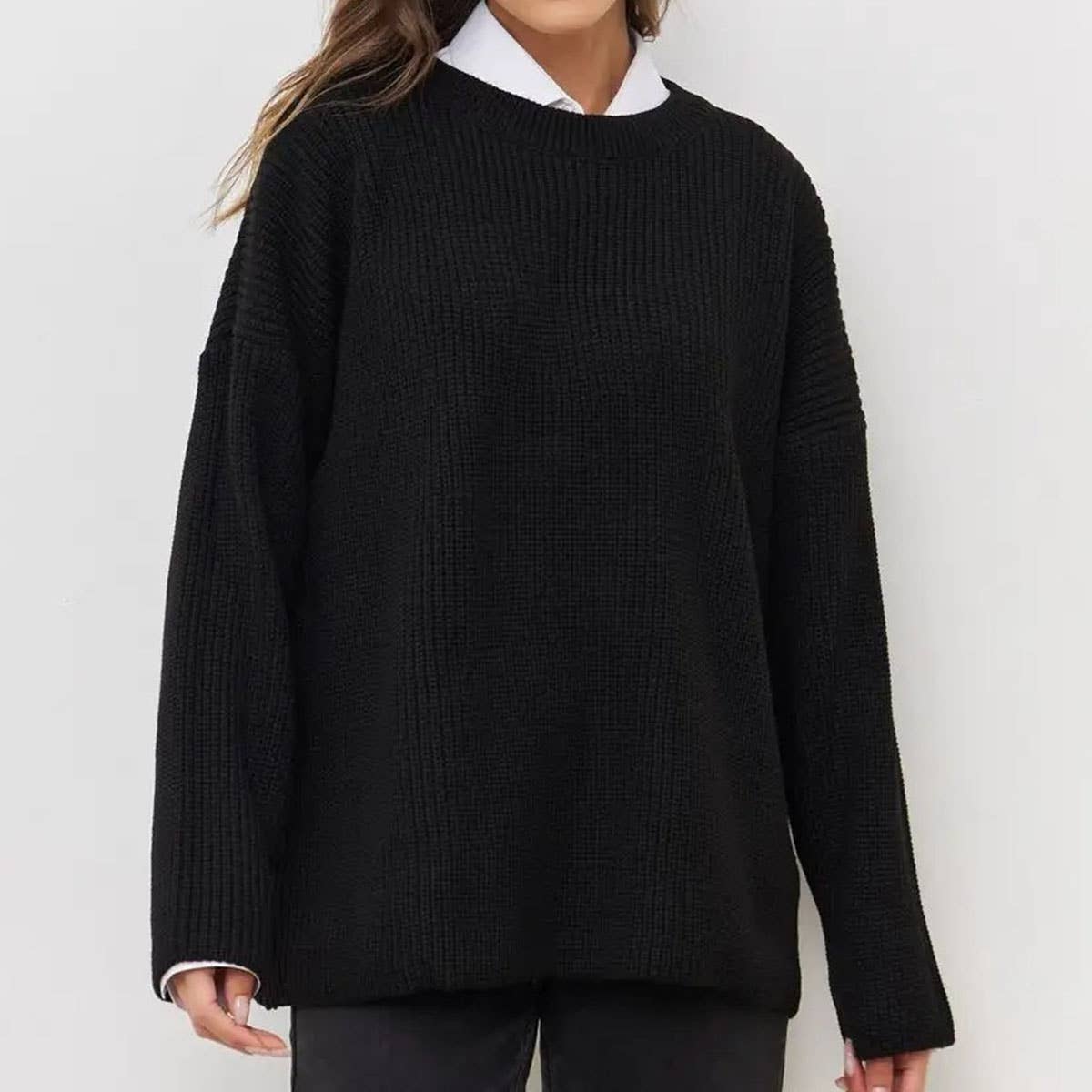 SOLID COLOR CREW NECK LOOSE KNIT SWEATER
