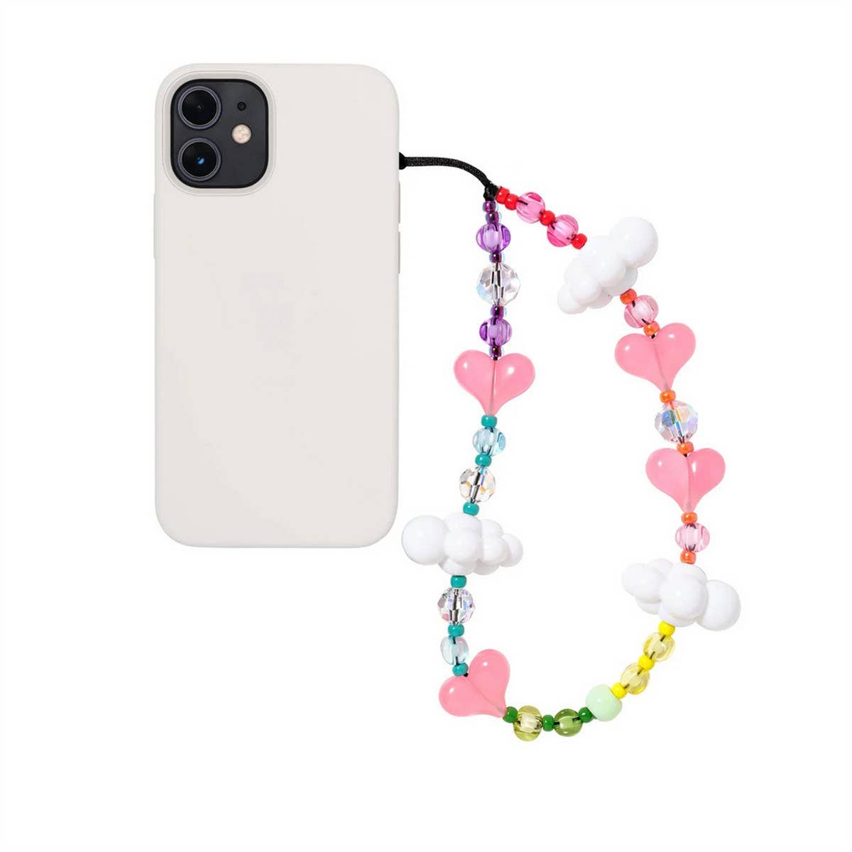 CWMM8725_WHITE CLOUD HEART BEADED MOBILE PHONE CHAIN