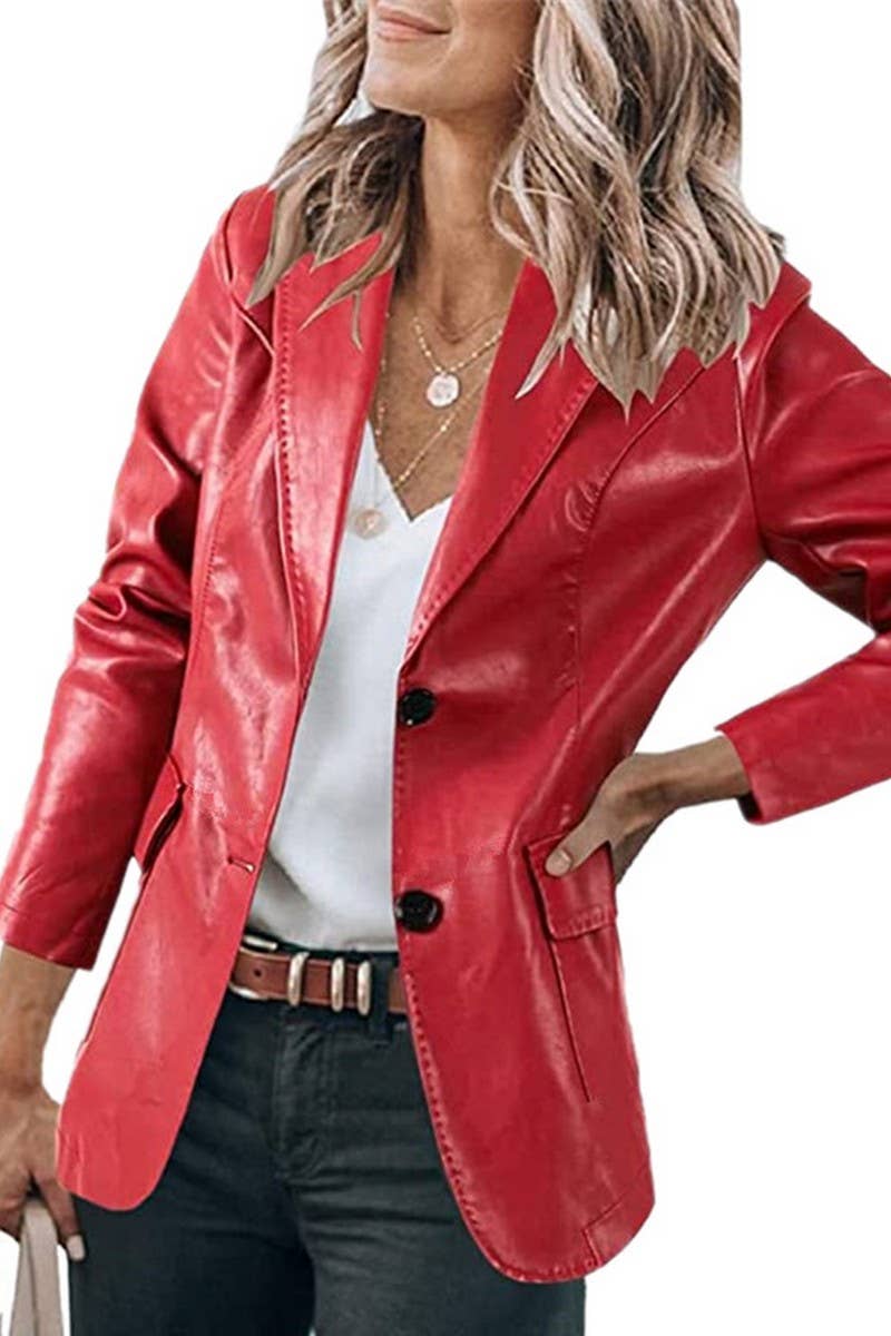 CWOCO1152_LAPEL SINGLE BREASTED PU LEATHER JACKET