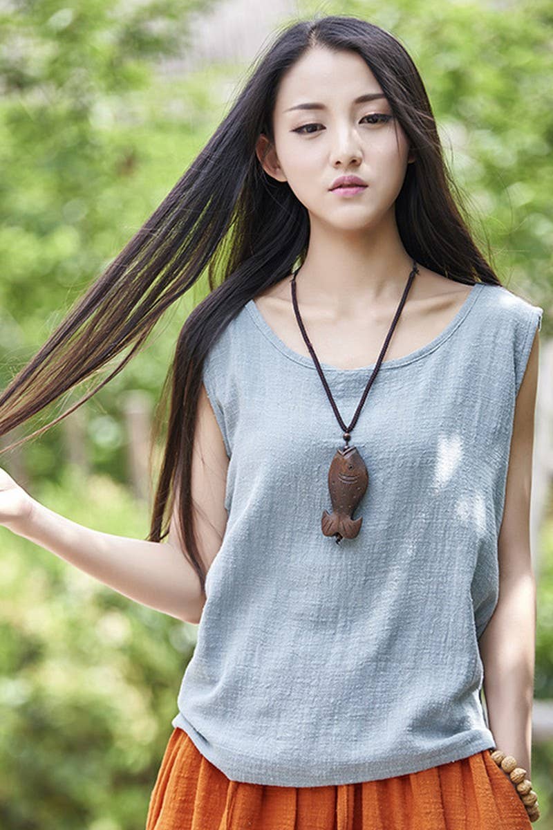 Cwtblsl0565_Loose Cotton And Linen Sleeveless Vest