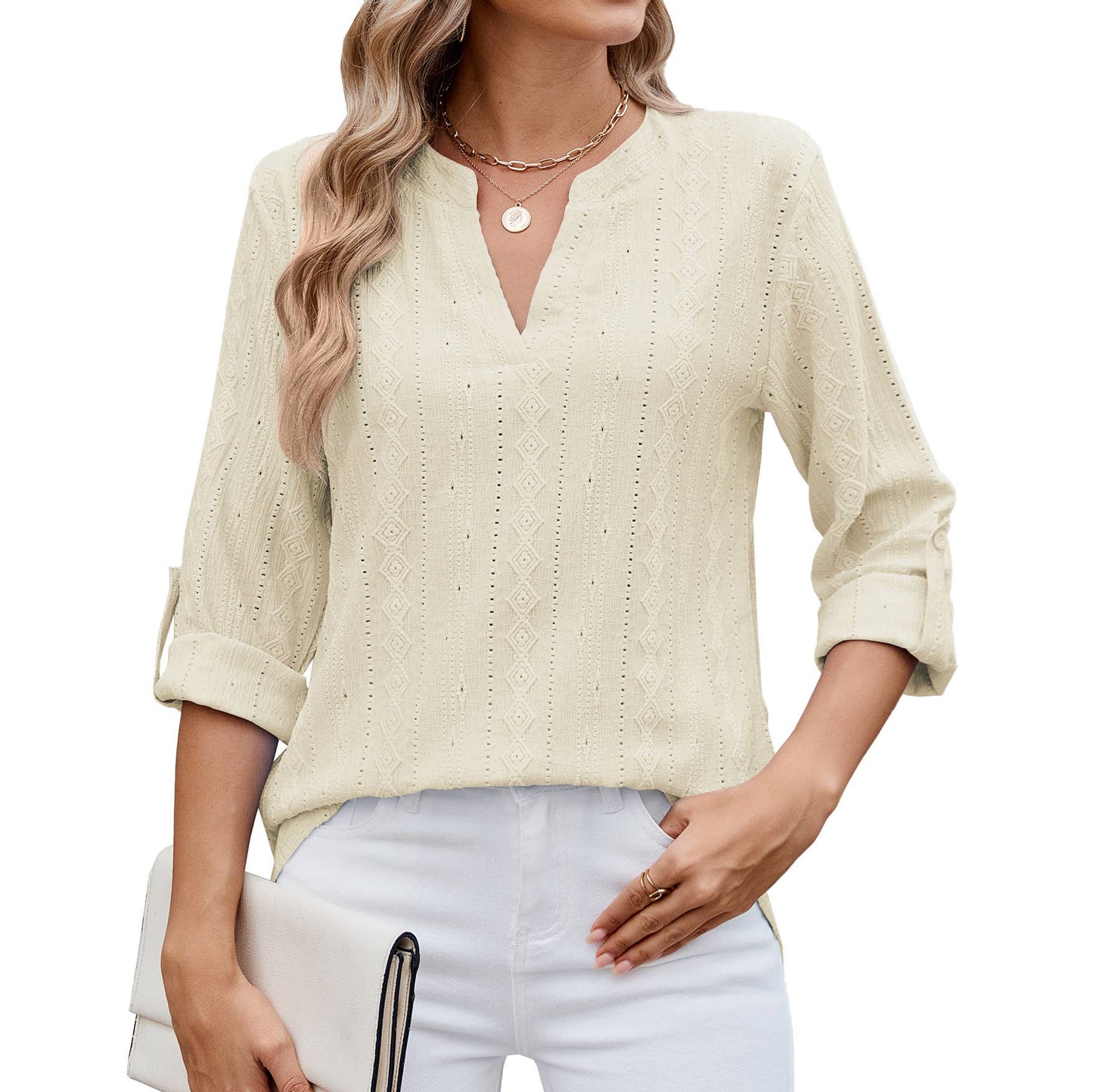 V-neck mid-sleeve button-up jacquard T-shirt