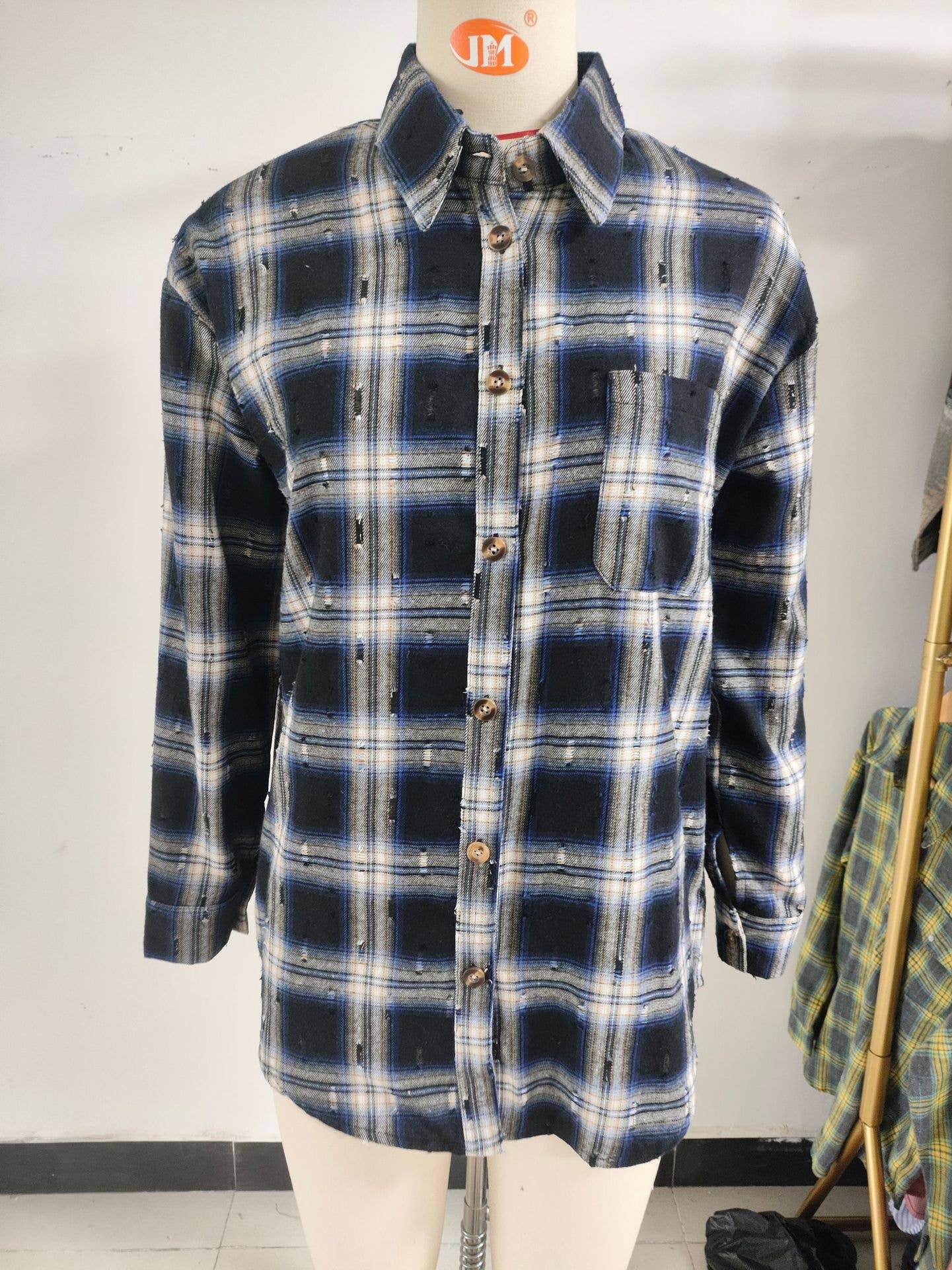 VINTAGE CROCHETED LONG-SLEEVED LAPEL PLAID SHIRT