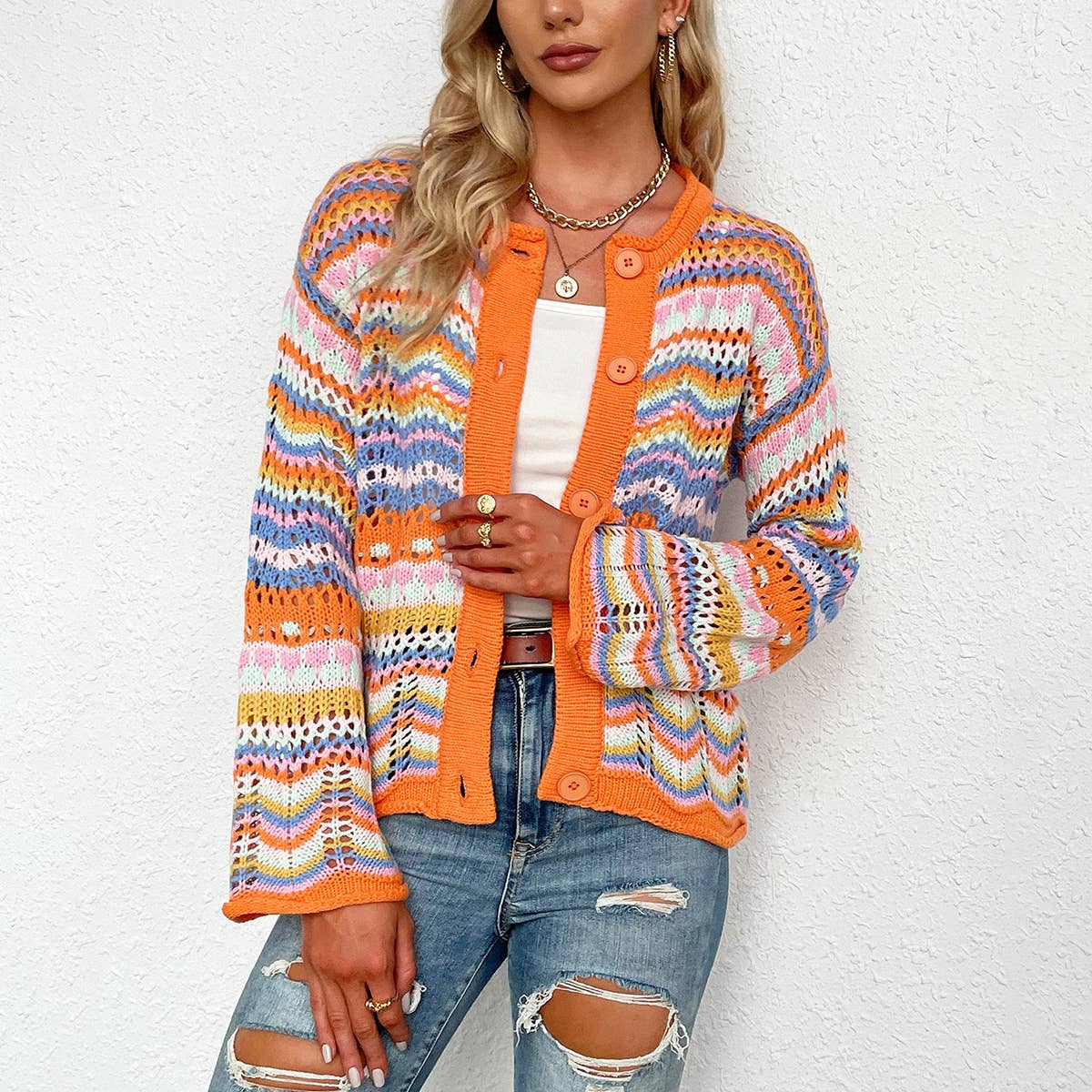 Striped sweater women's loose rainbow knitwear