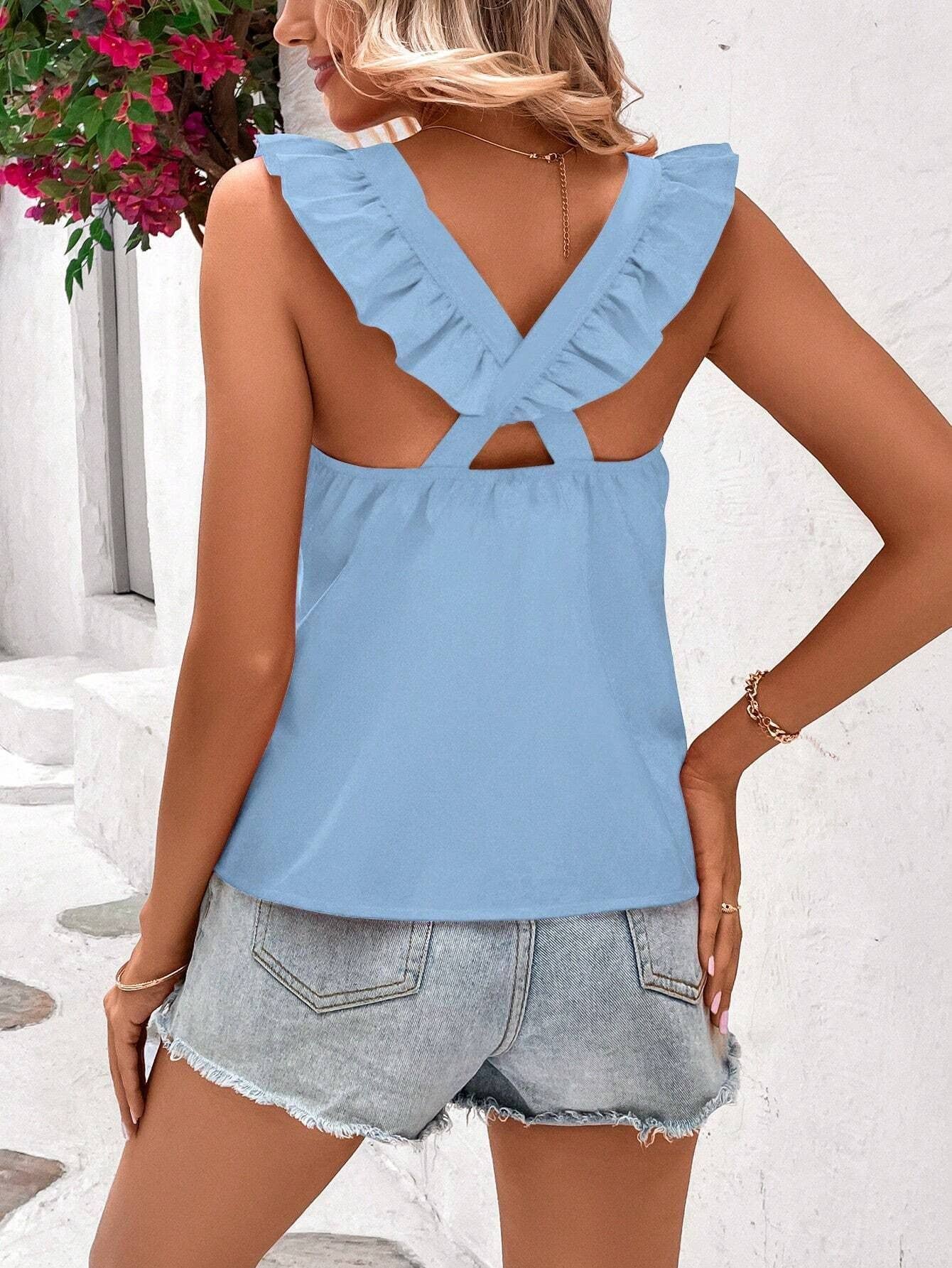 Stylish fly-sleeve back elastic cross top