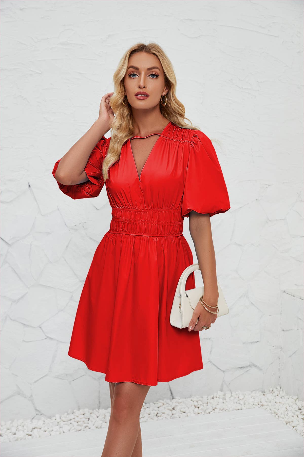 V-NECK PUFFY SLEEVE PLEATED HIGH-WAISTED DRESS