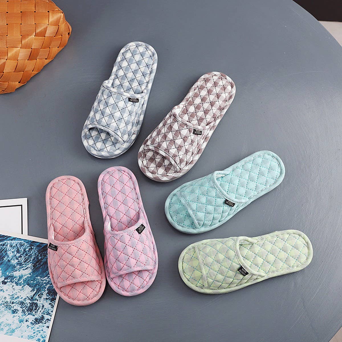 Plaid Cotton Floor Slippers with Thick Fabric Sole_CWSHF0191