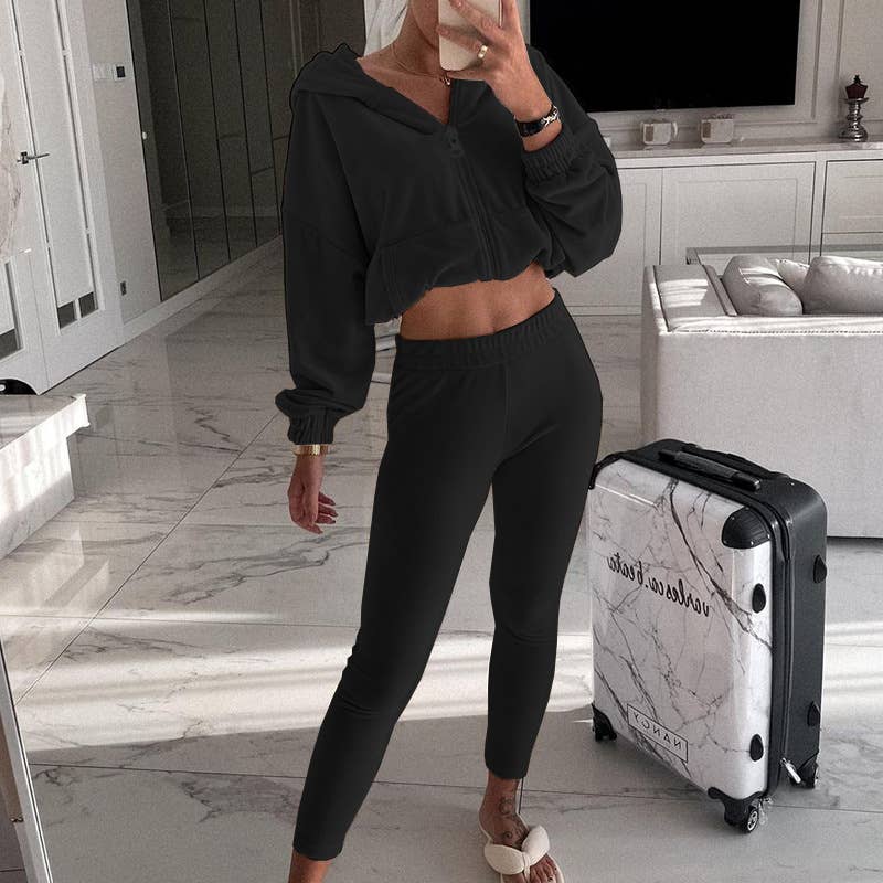 SOLID COLOR LOOSE HOODIE FLEECE SWEATPANTS SUIT