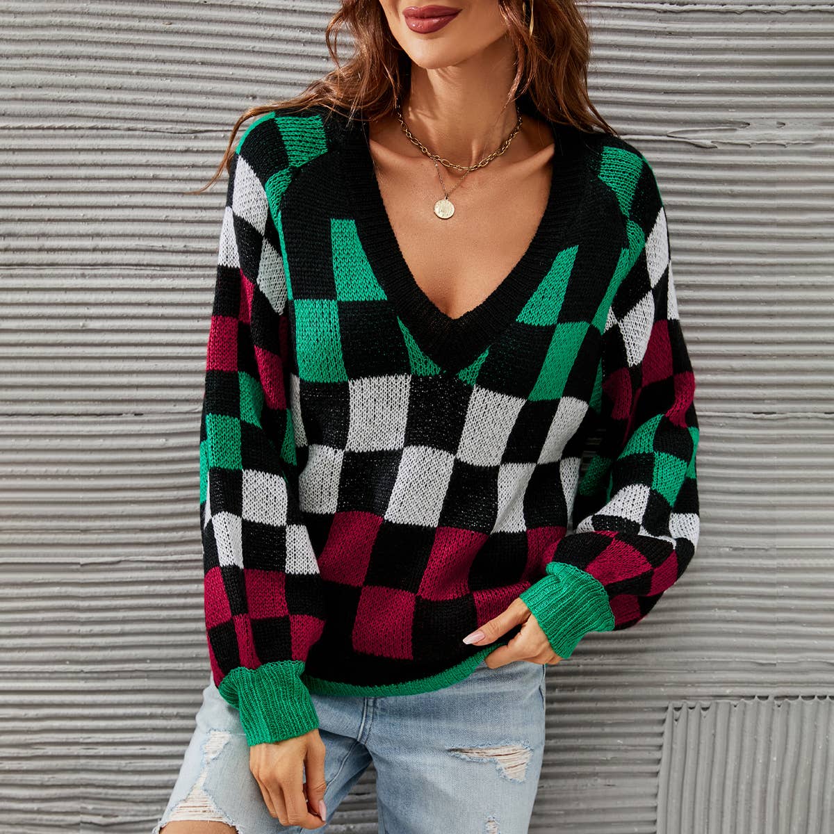 V-NECK PLAID PLUS-SIZE SWEATER PULLOVER