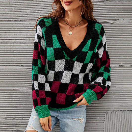 V-NECK PLAID PLUS-SIZE SWEATER PULLOVER