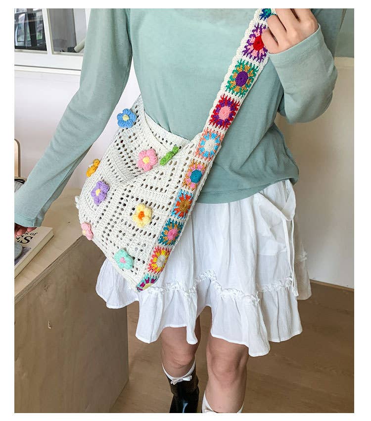 Ethnic-style artistic flower patchwork knit bag