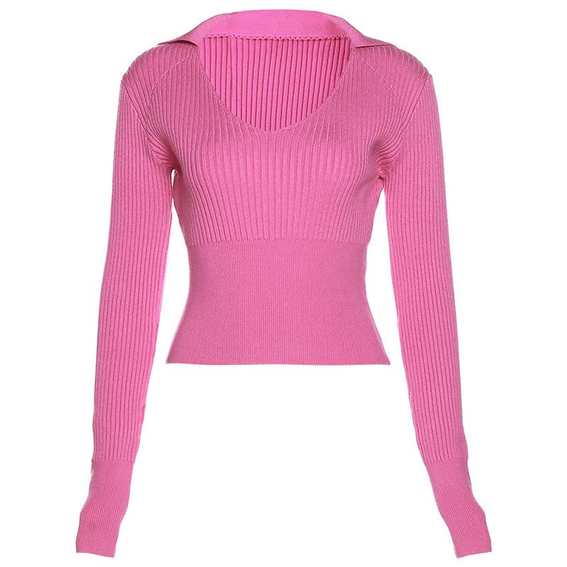 LONG SLEEVE LAPEL SOLID COLOR SLIM CROP KNIT TOP