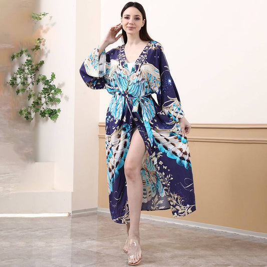 Eagle Print Rayon Beach Kimono Cover-Up