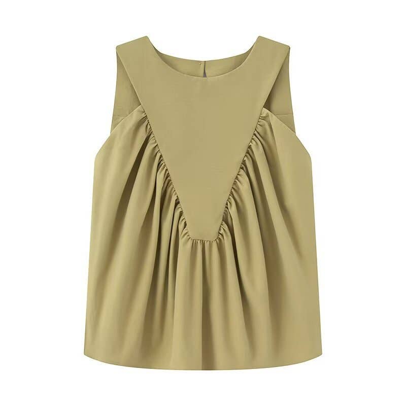 Versatile solid-color pleated sleeveless vest