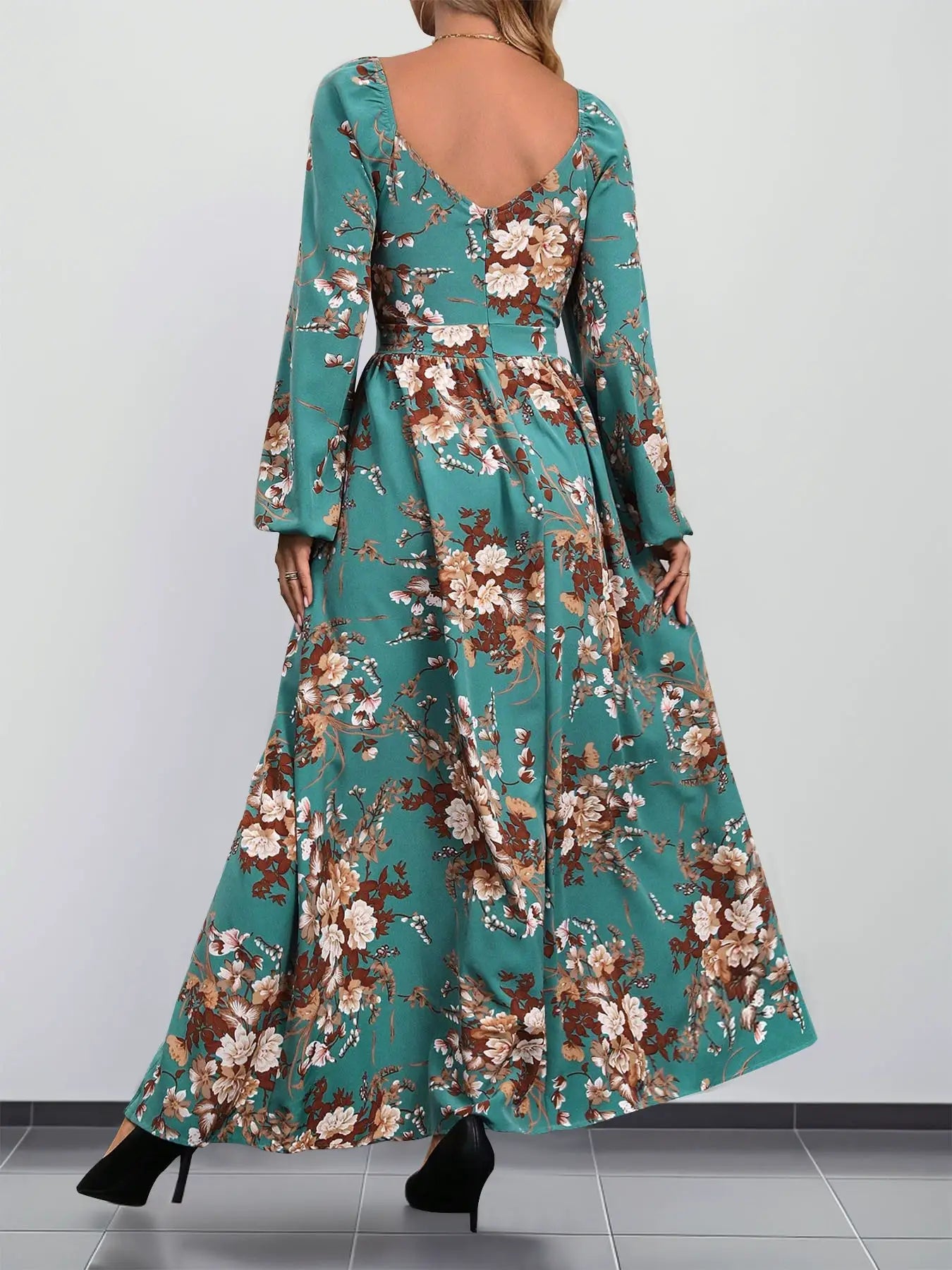 LONG SLEEVE DEEP V-NECK PRINT LONG SPLIT DRESS
