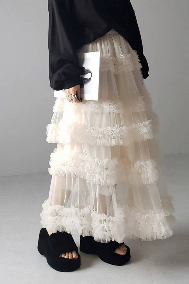 CWBLS00713_SPRING SUMMER LAYERED MESH A-LINE SKIRT