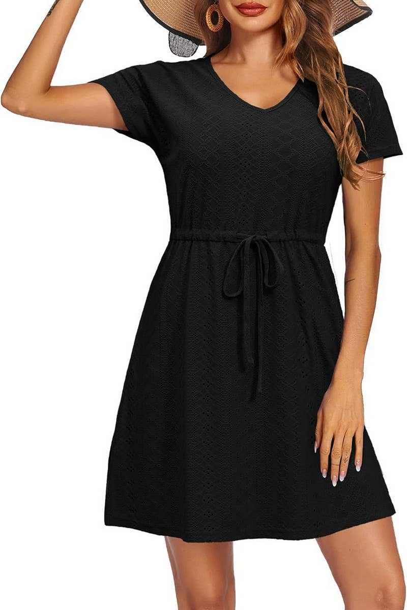 CWDSD8710_EYELET V-NECK CINCHED WAIST BEACH COVER UP DRESS