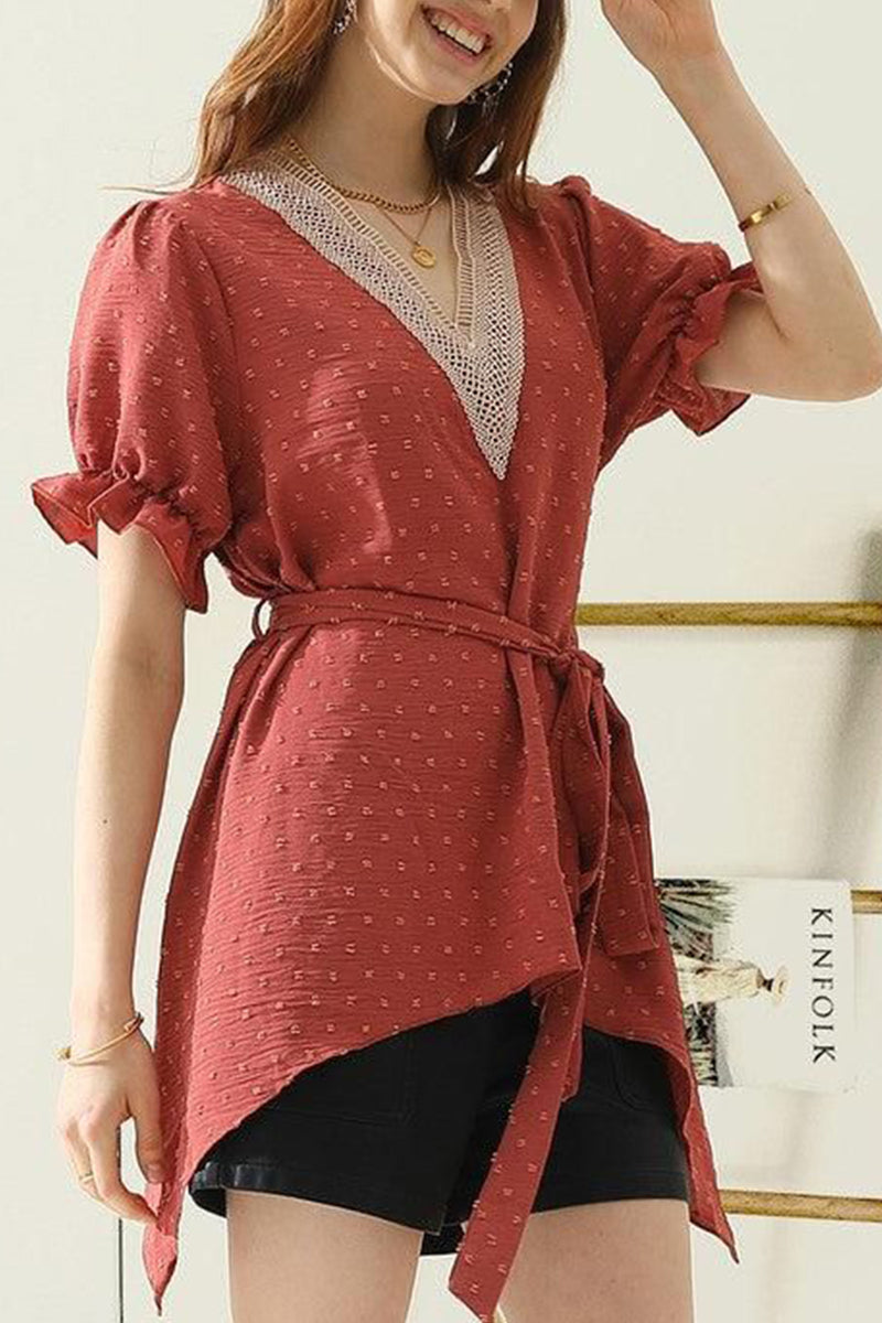 V NECK CHIFFON JARQUARD WAIST TIED BLOUSE