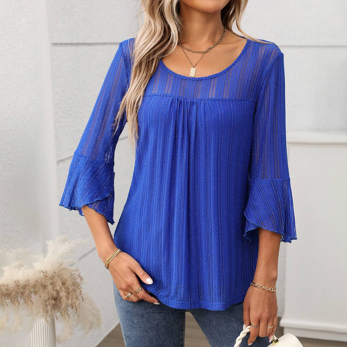 Elegant round neck lotus sleeve glitter gauze top