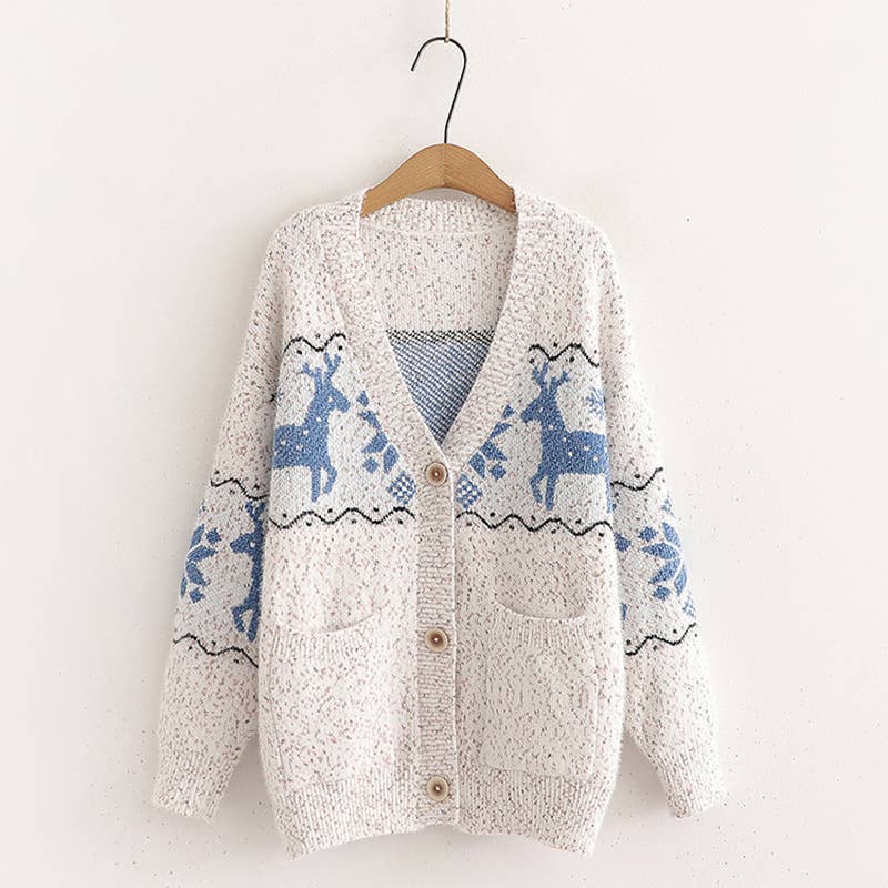 SINGLE BREASTED CHRISTMAS DEER JACQUARD CARDIGAN
