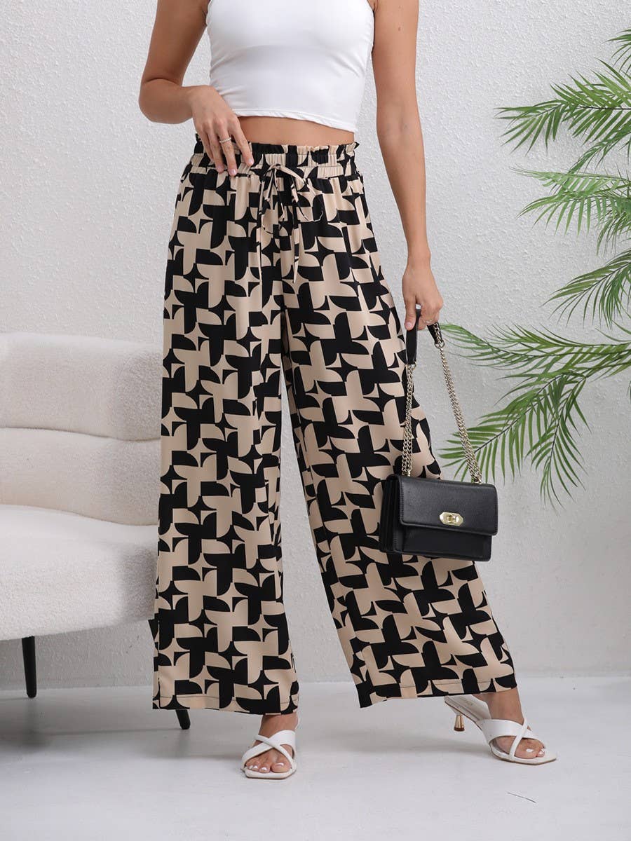 ELASTIC-WAISTED PRINTED BAGGY WIDE-LEG PANTS