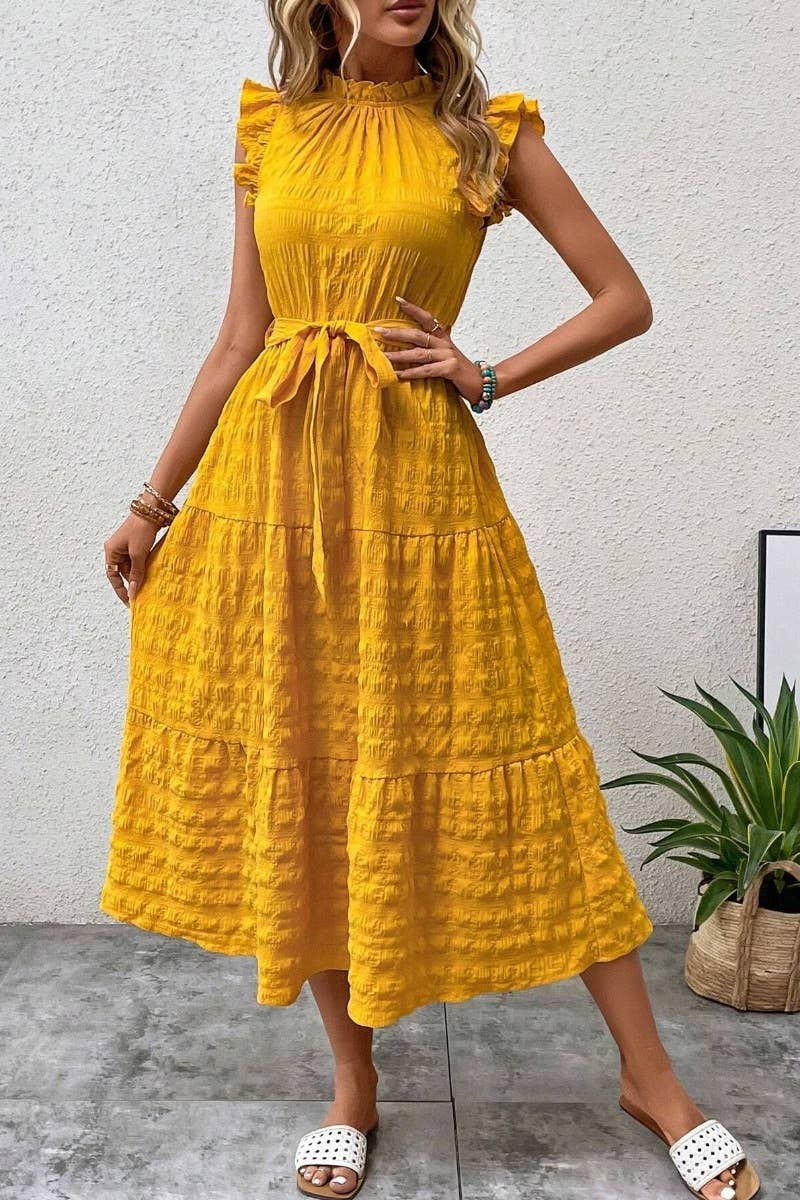 CWDMD2747_SUMMER WOODEN EAR EDGE LACE-UP DRESS LONG