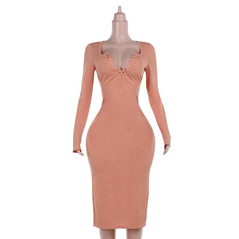SLIM KNIT MACHINE EYE V-NECK LONG SLEEVE DRESS