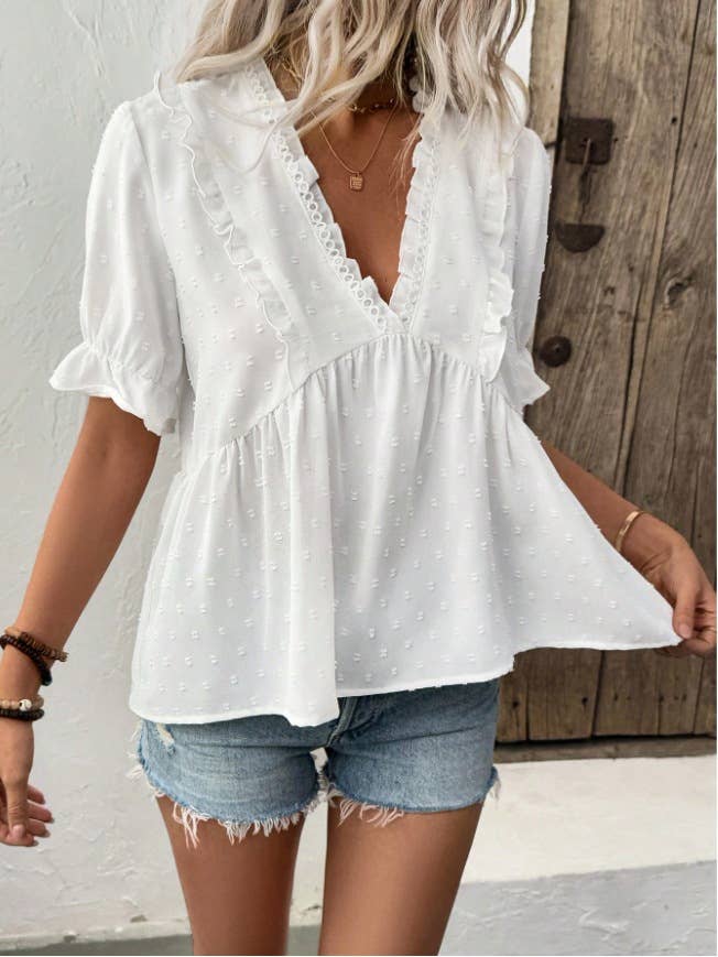 V-neck casual ruffled short-sleeved T-shirt