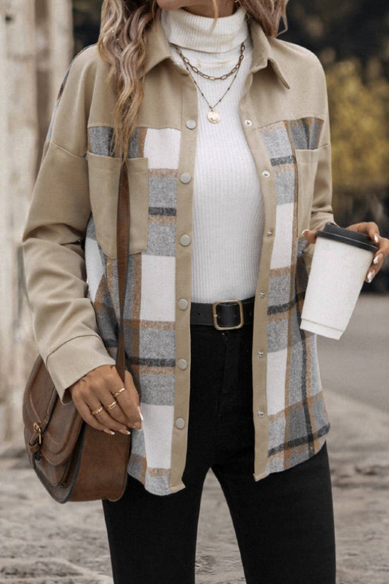 CWOCO0645_LAPEL SINGLE-BREASTED CHECK LONG-SLEEVED COAT