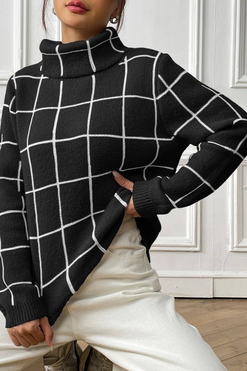 CWOSWL07336_WOMEN PLAID COLOR BLOCK TURTLENECK SWEATER